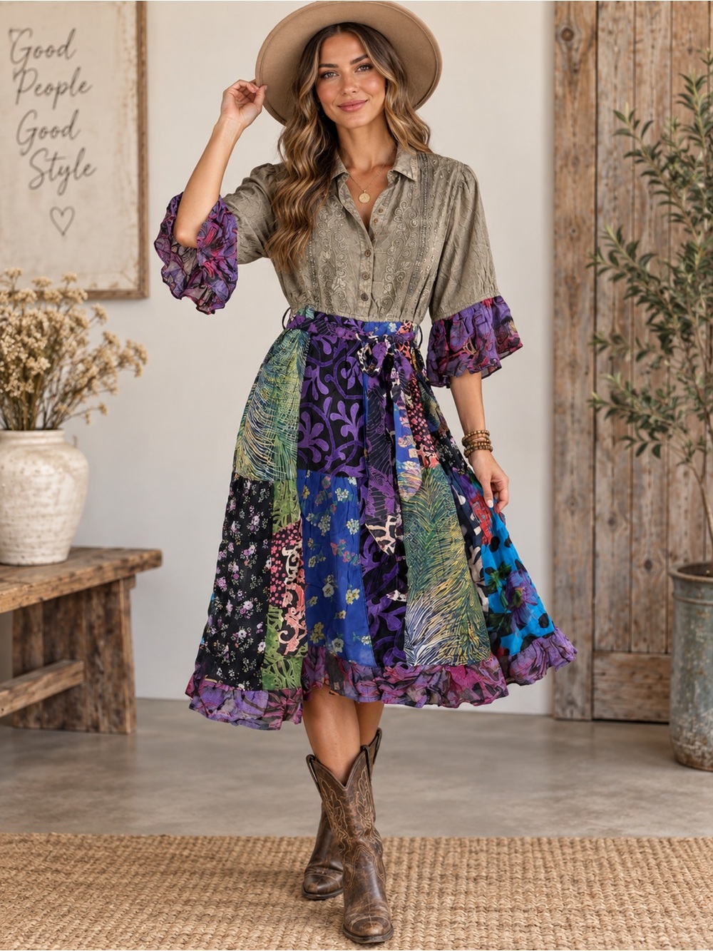 Young Threads Patchwork Boho Midi Dress Embroidered Ruffle Sleeve Size L